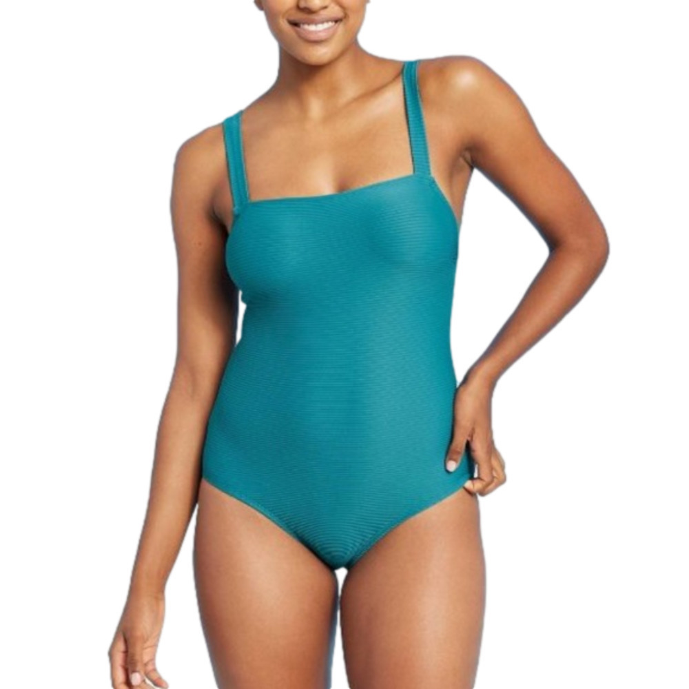 Kona Sol Ribbed One Piece Swimsuit Large Women Square Neck Teal Blue Green NWOT